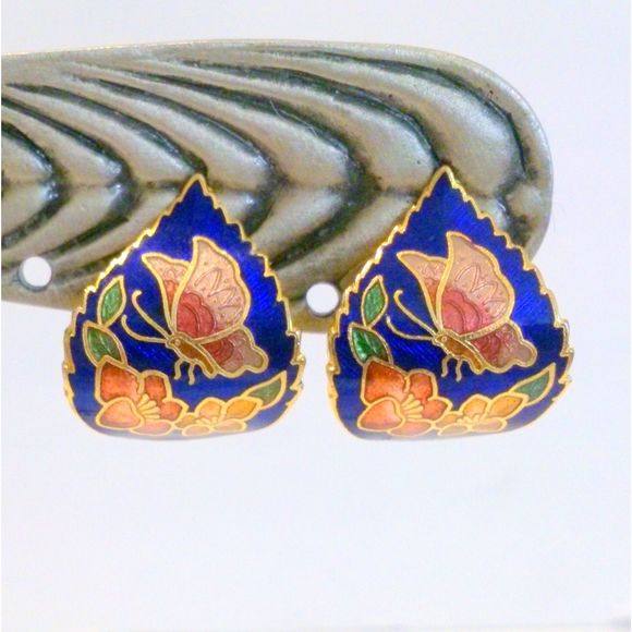 Vintage Butterfly Design Cobalt Blue Clip On Cloisonne Earrings - Picture 1 of 3